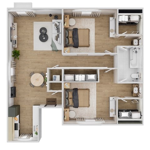 A top-down view of a modern apartment layout with a kitchen, living room, and bathroom.